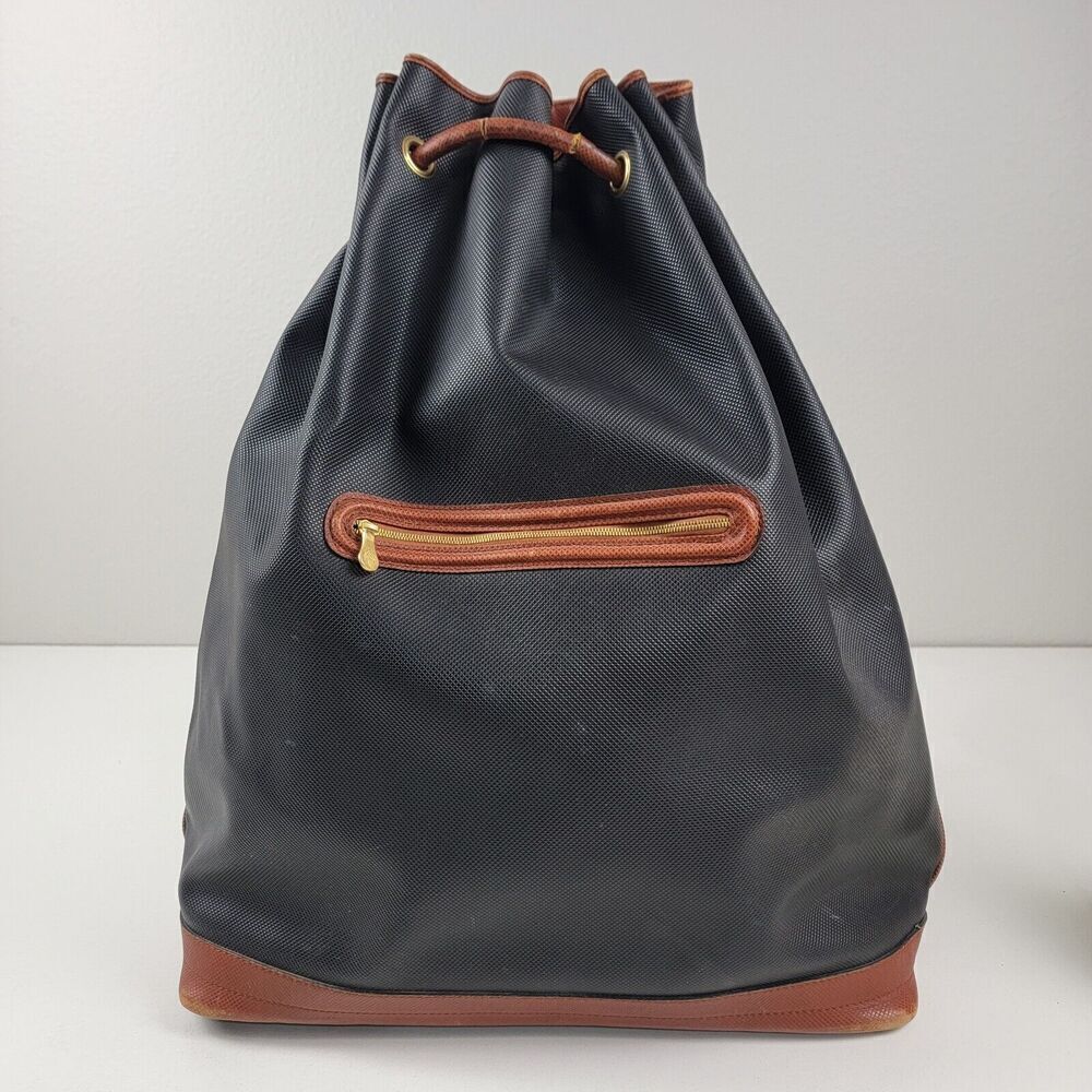 Bottega Veneta Black Canvas Drawstring Bucket Bag with Brown Trim